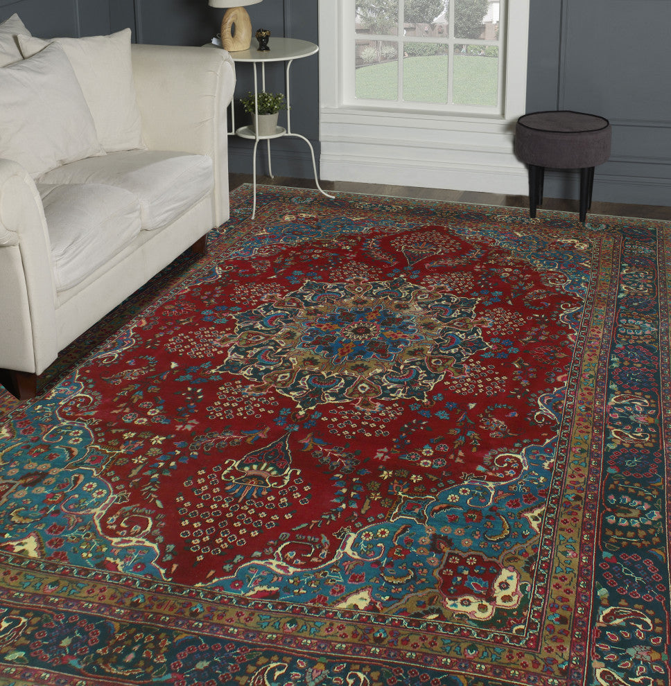 Fine Vintage Distressed Eliana Red/Navy Rug, 9'7x12'9