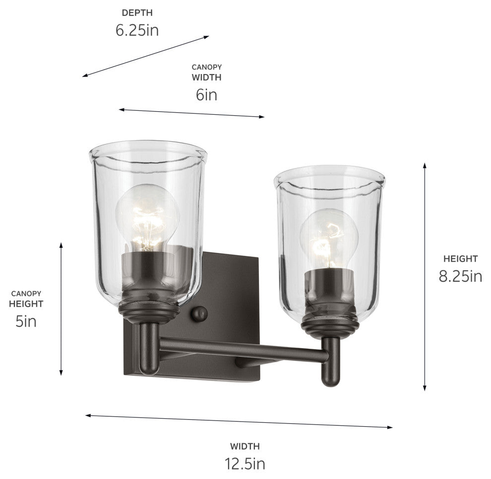 Shailene 12.5" 2-Light Vanity Light With Clear Glass, Olde Bronze