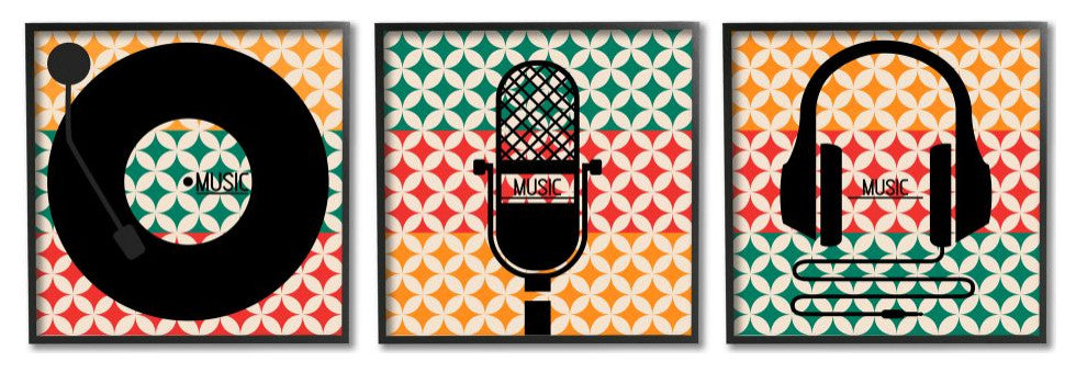 Iconic Music Symbols with Colorful Geometric Pattern3-Piece, 12x12