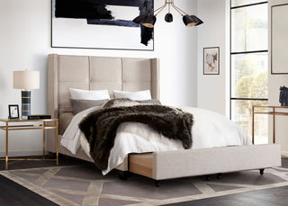 Queen Bed With Integrated Footboard Storage Unit and Accent Wings, Sand Fabric