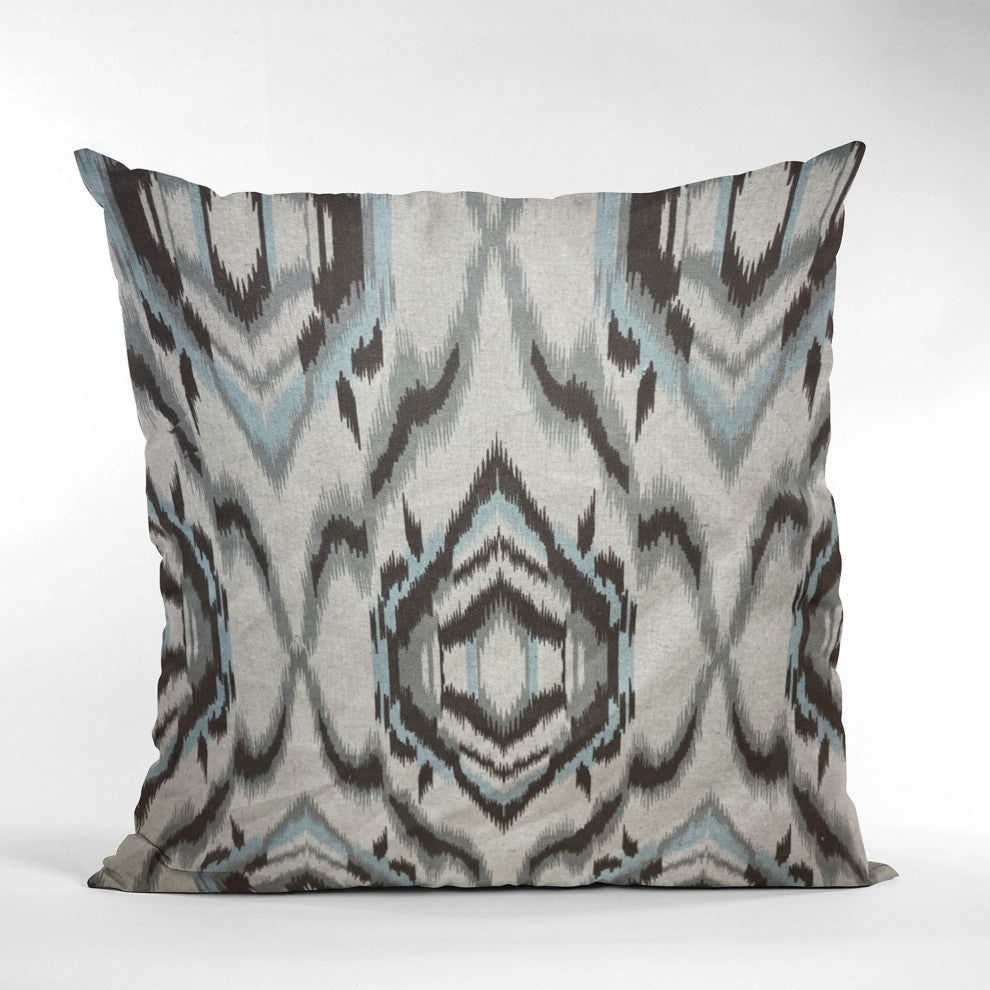 Plutus Ikat Dream Blue, Black, Cream Handmade Luxury Pillow, 16"x16"