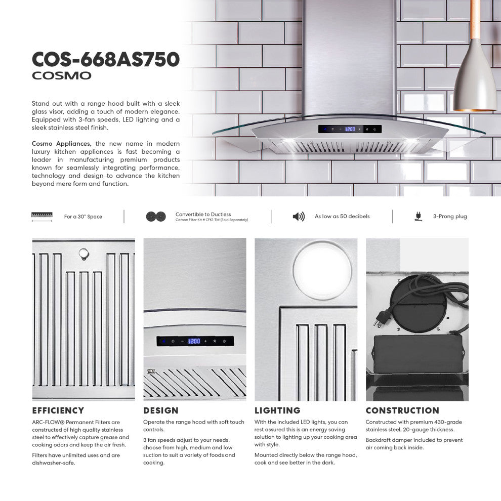 Cosmo 380 CFM Wall Mount Range Hood With Touch Controls, Stainless Steel, 30"