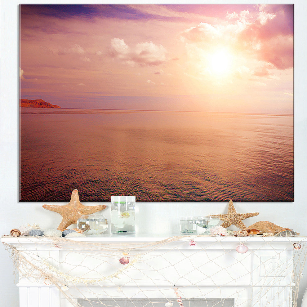 "Pink Sky Over Dark Beach At Sunset" Seashore Canvas Print, 32"x16"