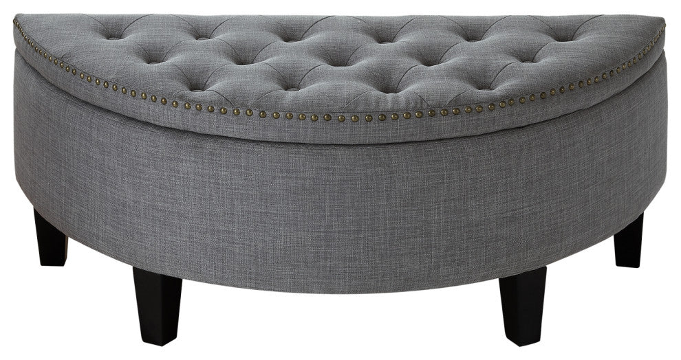 Laura Linen Button Tufted Nailhead Trim Half Moon Storage Ottoman, Light Grey