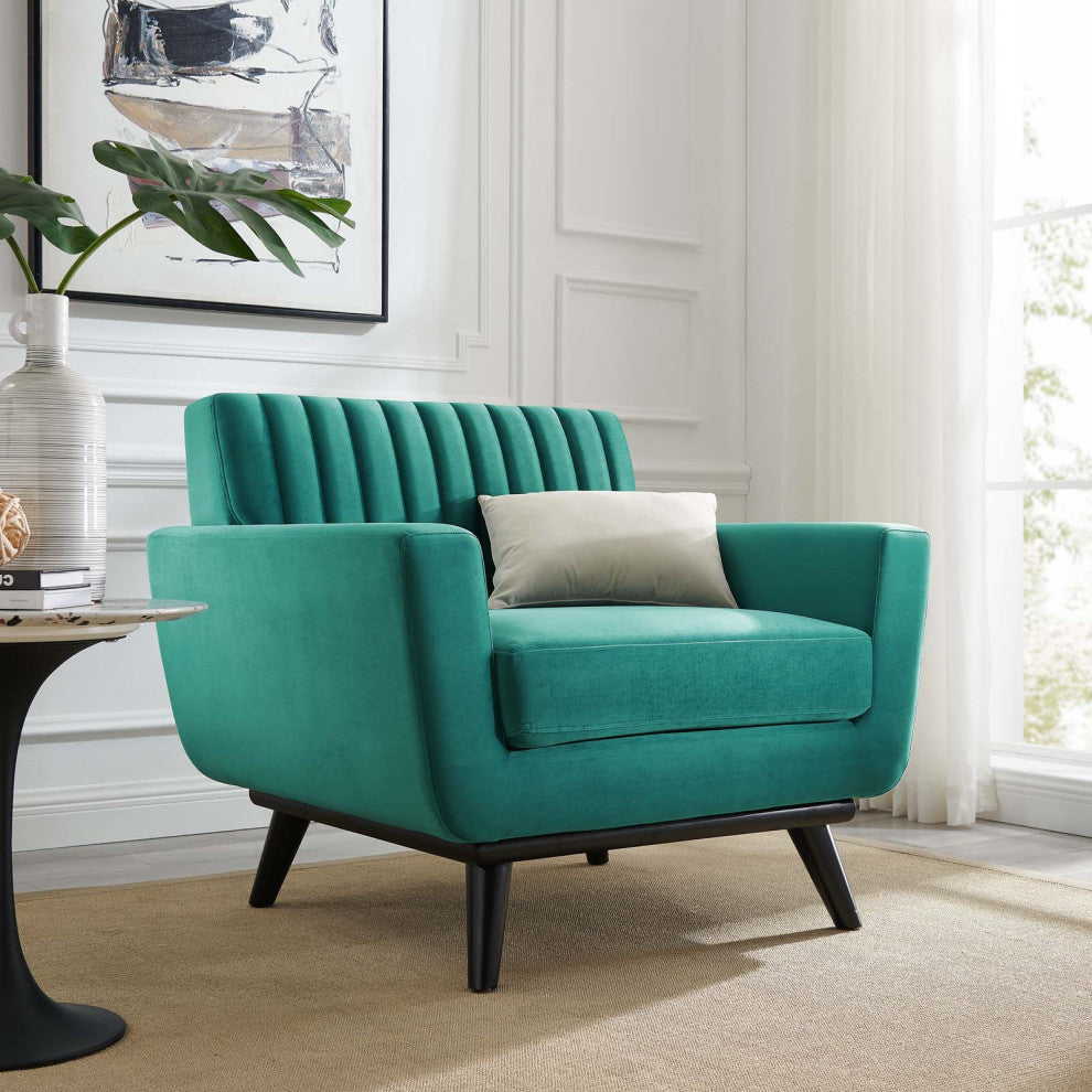 Tufted Armchair Accent Chair, Velvet, Teal Blue, Modern, Lounge Hospitality