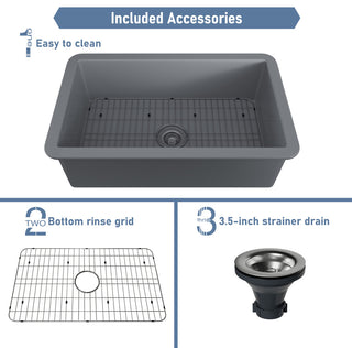 32in Undermount Single Bowl Fireclay Kitchen Sink with Grid and Drainer, Matte Gray