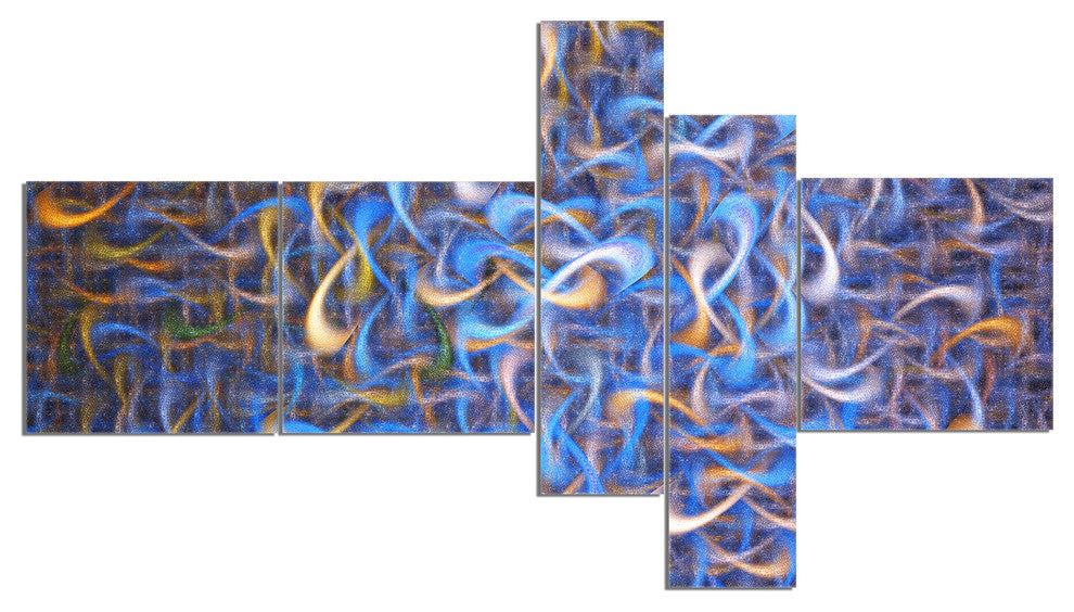 Blue Golden Watercolor Fractal Art, Abstract Art on Canvas, 60"x32", 5 panels