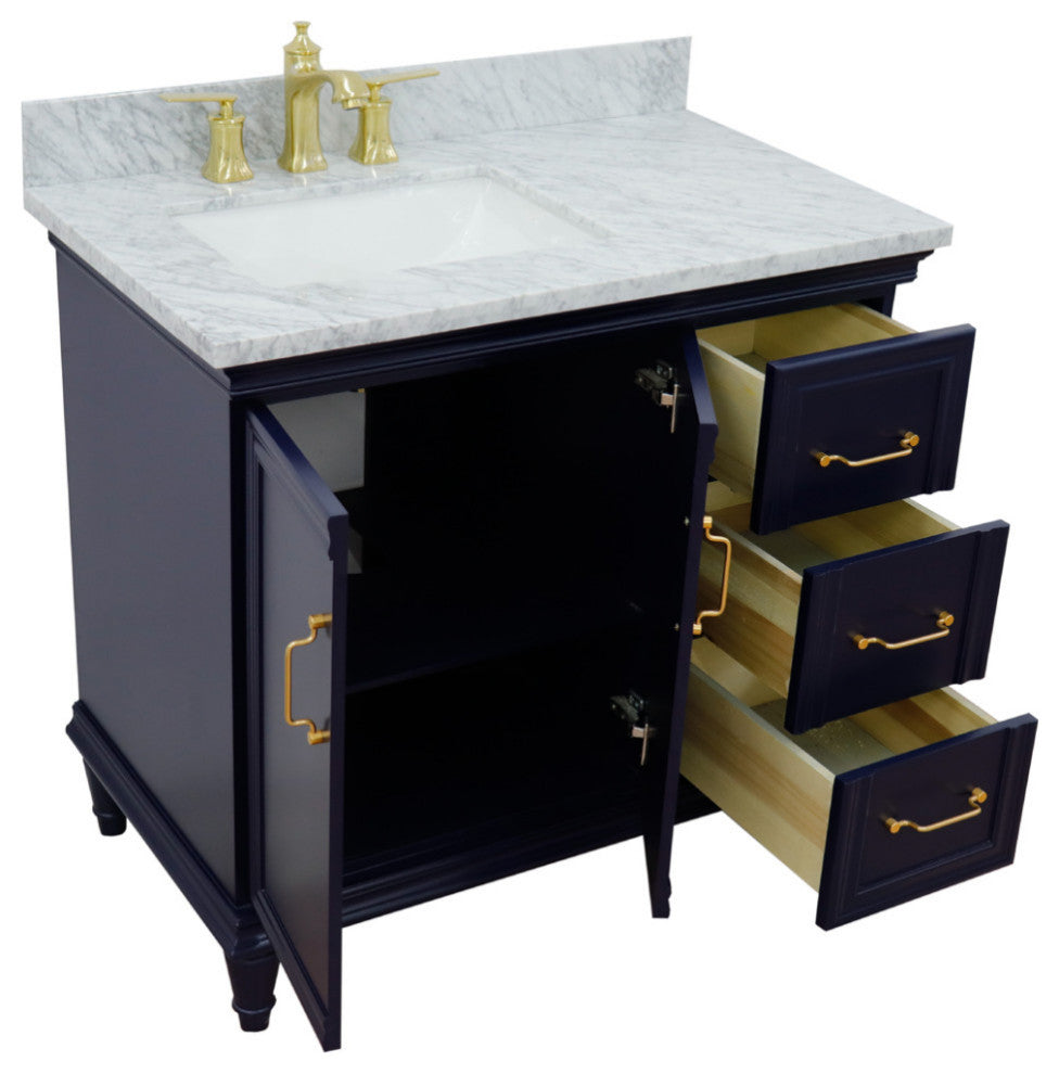 37" Single Vanity, Blue Finish With White Carrara