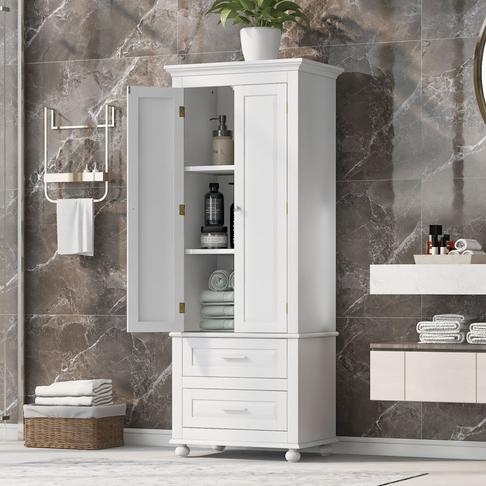 63" Tall Wood 2-door Bath Cabinet, White, Adjustable Shelf