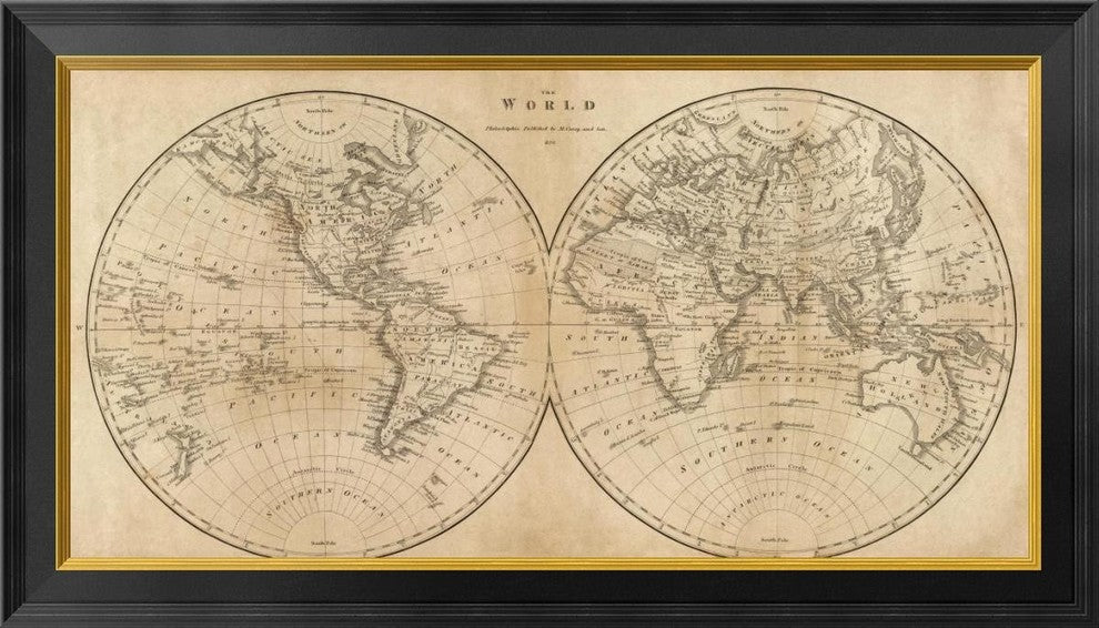 "The World, 1825" Framed Canvas Giclee by Mathew Carey, 34x20"