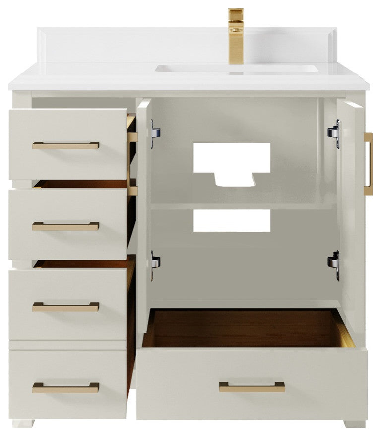 Malibu 36" Right Offset Bath Vanity in Fine Grain 1.5" White Quartz