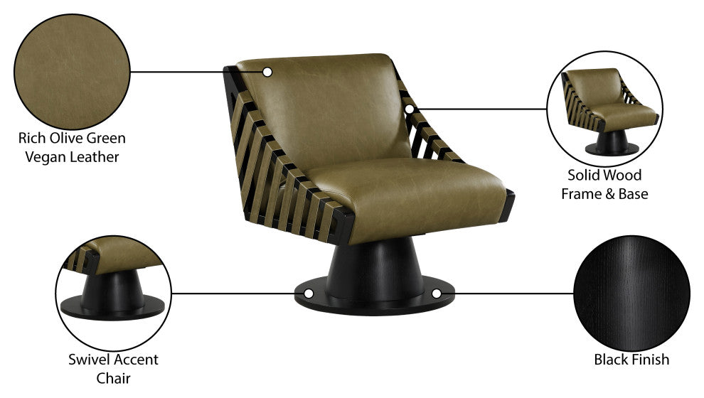 Millwin Upholstered Swivel Accent Chair, Olive, Vegan Leather, Black Finish