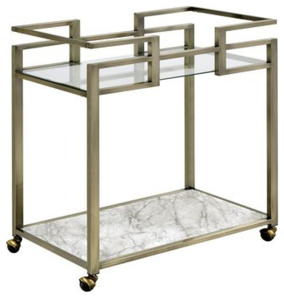 Benzara BM269069 2 Tier Serving Cart With Faux Marble and Metal Frame, Silver