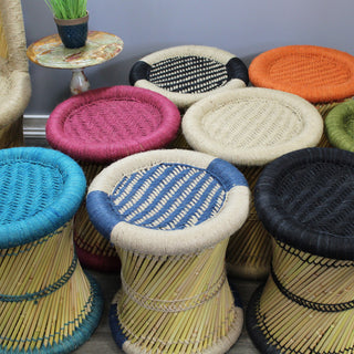 Natural Geo Moray Decorative Handwoven Jute Accent Stool, Blue Diamond