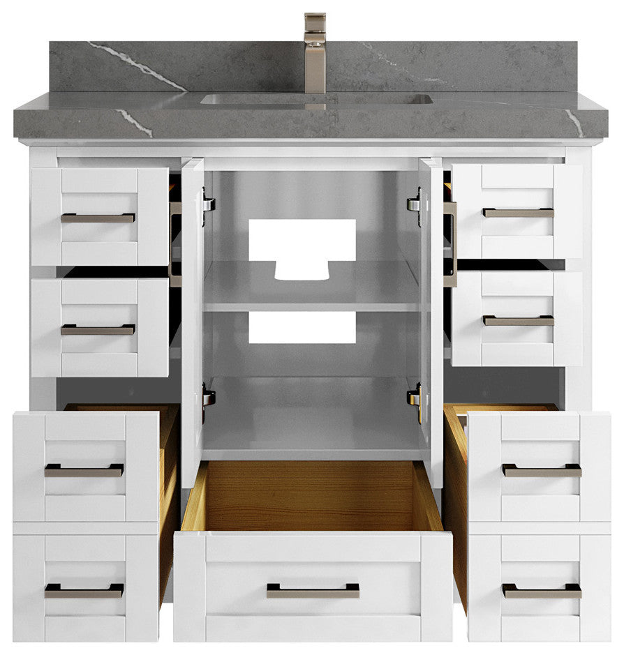 Boston 42 Single Sink Bath Vanity in White 2" Piatra Gray