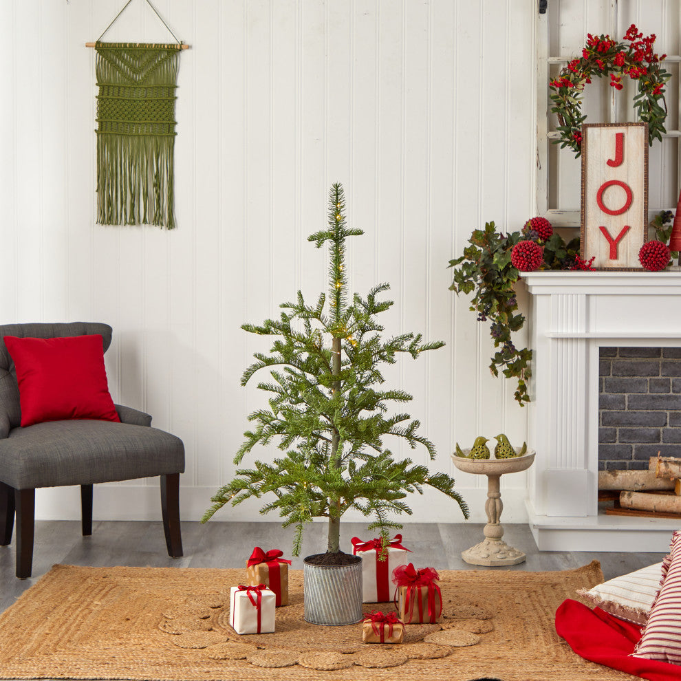 4.5' Pre-Lit Christmas Pine Artificial Tree, Decorative Planter