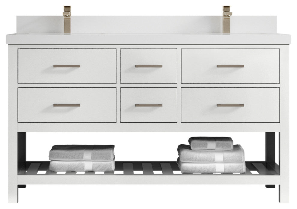 Parker 60 Double Sink Bathroom Vanity in White 2" White Quartz