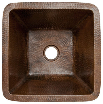 15" Square Hammered Copper Bar/Prep Sink With 2" Drain Opening