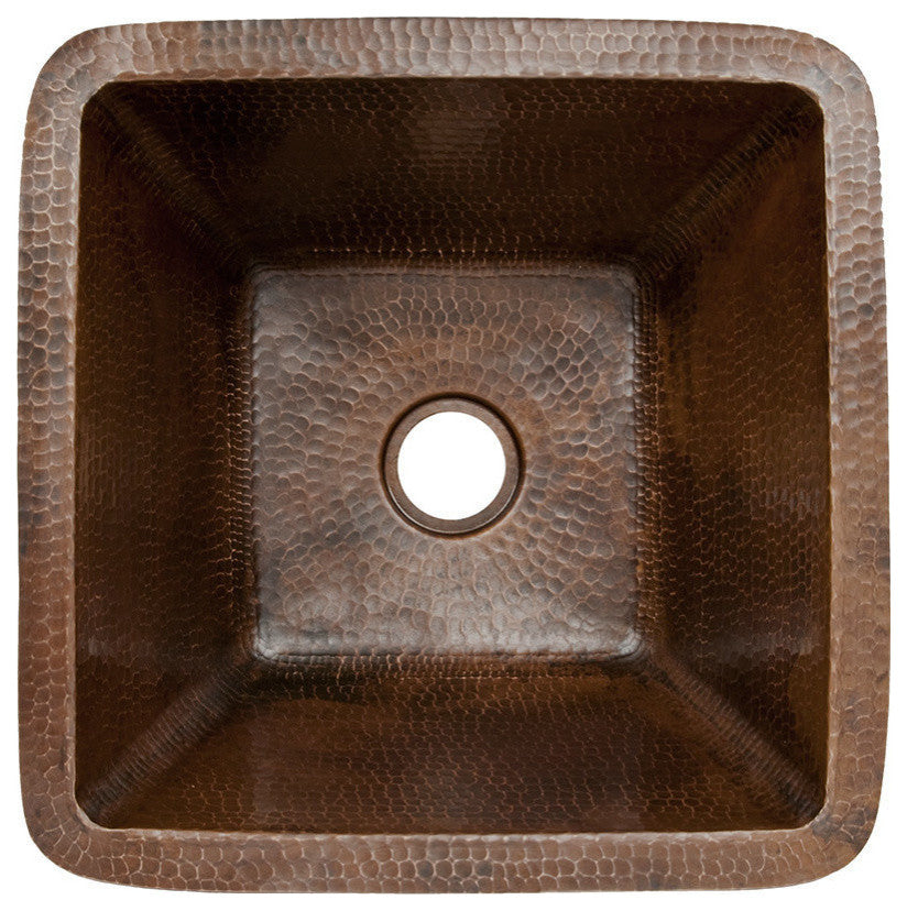 15" Square Hammered Copper Bar/Prep Sink With 2" Drain Opening