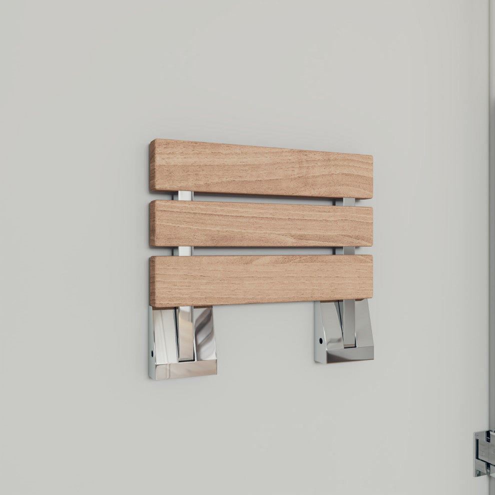 Polished Chrome 16" Folding Teak Wood Shower Seat Bench
