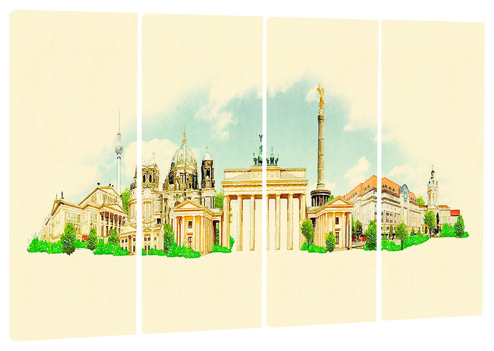 "Berlin Panoramic View" Cityscape Watercolor Canvas Print, 4 Panels, 48"x28"