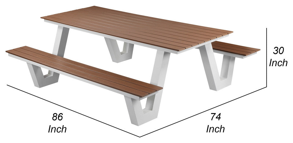 Benzara BM287777 Picnic Table, Rich Brown Polyresin Slats, Aluminum Frame