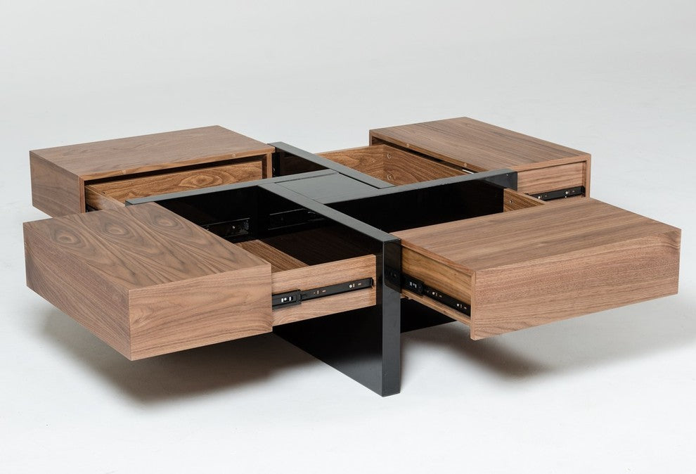Modrest Makai Modern Walnut and Black Square Coffee Table