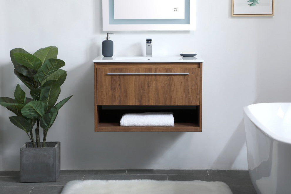 30" Single Bathroom Floating Vanity, Walnut Brown