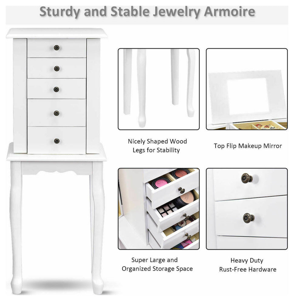 Costway Jewelry Cabinet Armoire Storage Standing Organizer with Mirror White