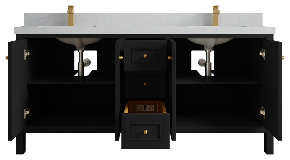 Nashville 72" Double Sink Bath Vanity, Black 2" Carrara Quartz