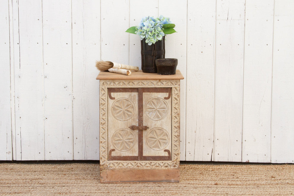 Small Bleached Wood Carved Nightstand