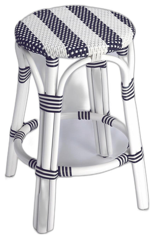 Classic White and Navy Blue Rattan Counter Stool