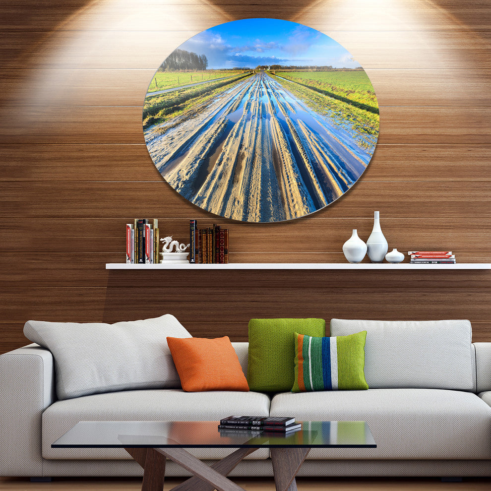 Muddy Sand Lane On Sunny Day, Landscape Disc Metal Artwork, 11"