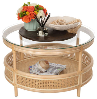 Rattan Cane Round 2-Tier Shelf Coffee Table Glass Top