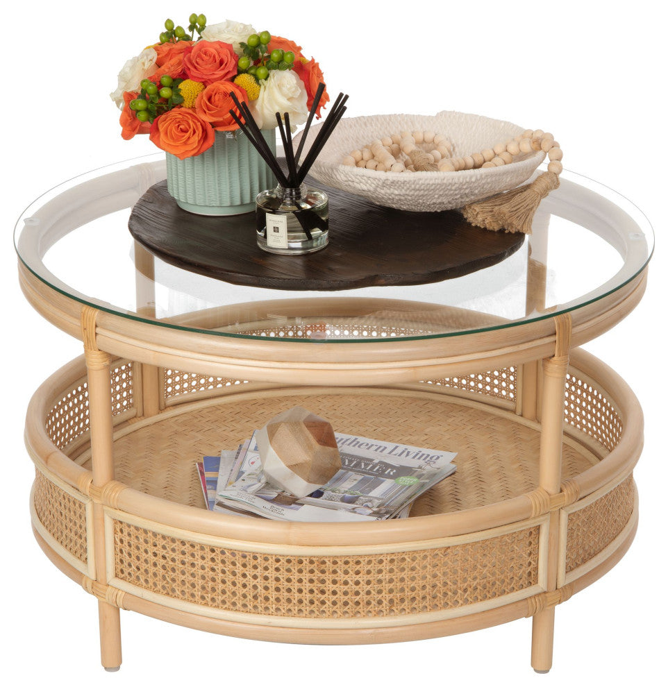 Rattan Cane Round 2-Tier Shelf Coffee Table Glass Top