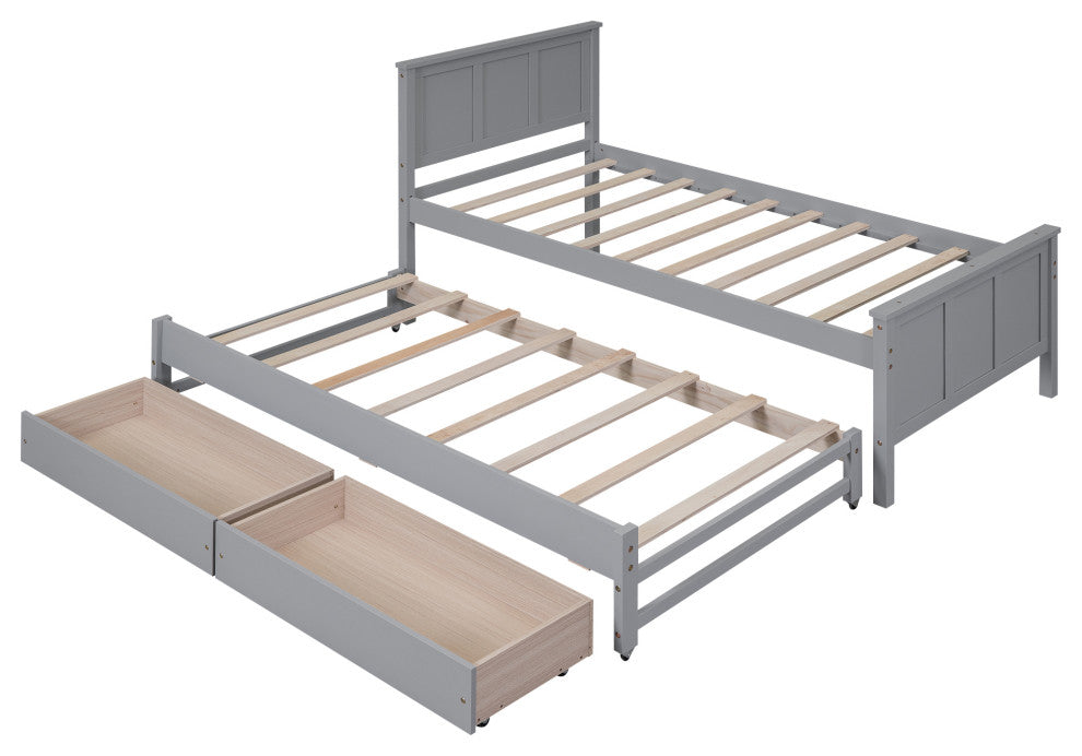 Gewnee Twin Size Platform Bed with Trundle and Drawers, Gray