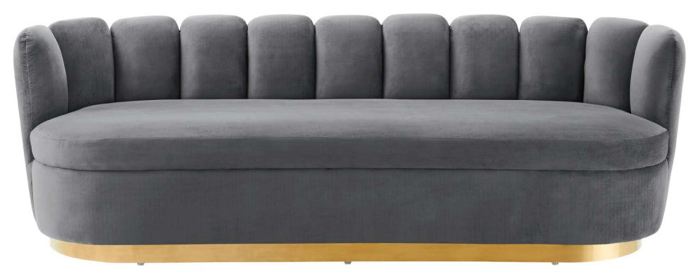 Tufted Sofa, Gray, Velvet, Modern, Mid Century Hotel Lounge Cafe Lobby