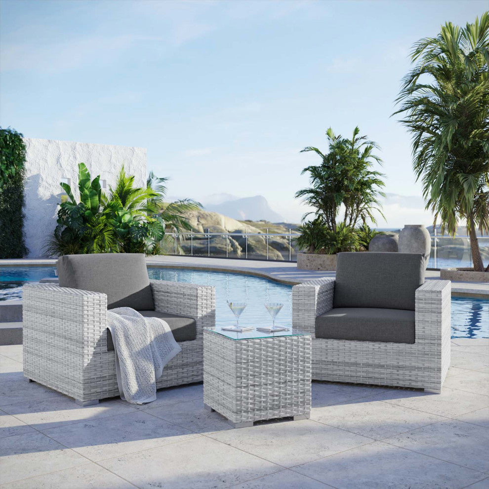 Side Lounge Chair Table Set, Rattan, Wicker, Gray, Modern, Outdoor Patio