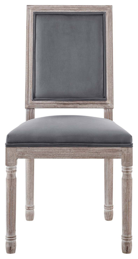 French Vintage Side Dining Chair, Velvet, Wood, Brown Natural Gray, Modern