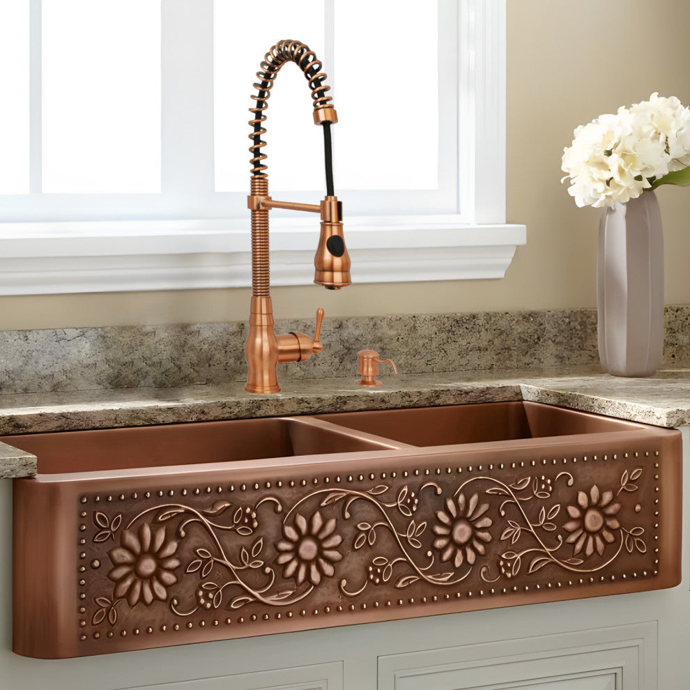 Copper Pre-Rinse Spring Kitchen Faucet with Pull Down Sprayer, Copper