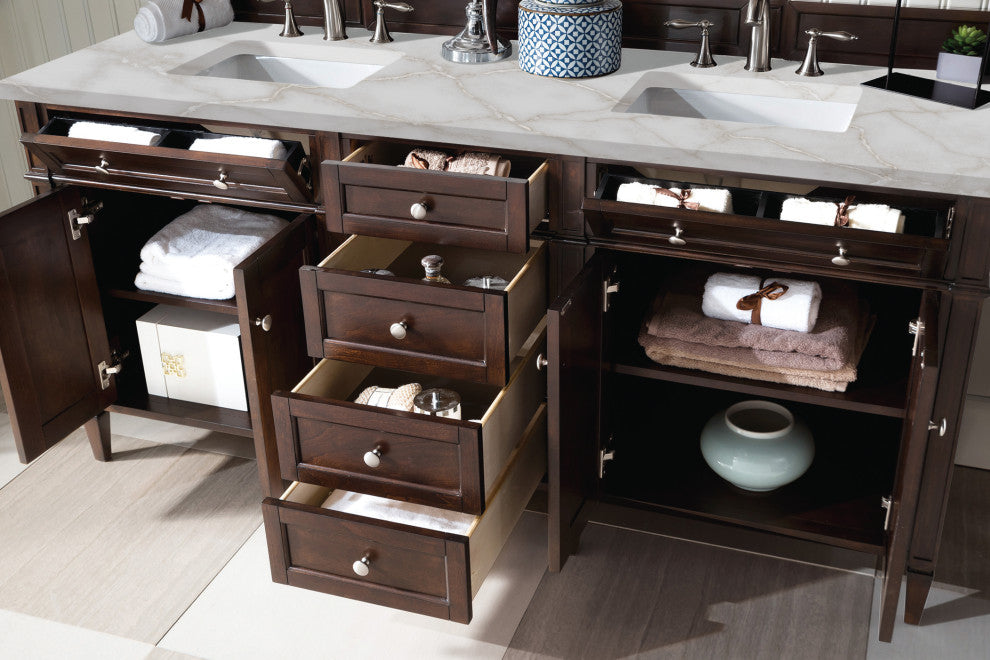 Brittany 72" Double Vanity, Burnished Mahogany, Victorian Silver Quartz