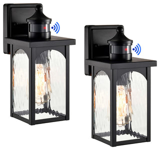 12 in. 1-Light Black Motion Sensing Wall Lantern Sconce Water Wave Glass 2PACK