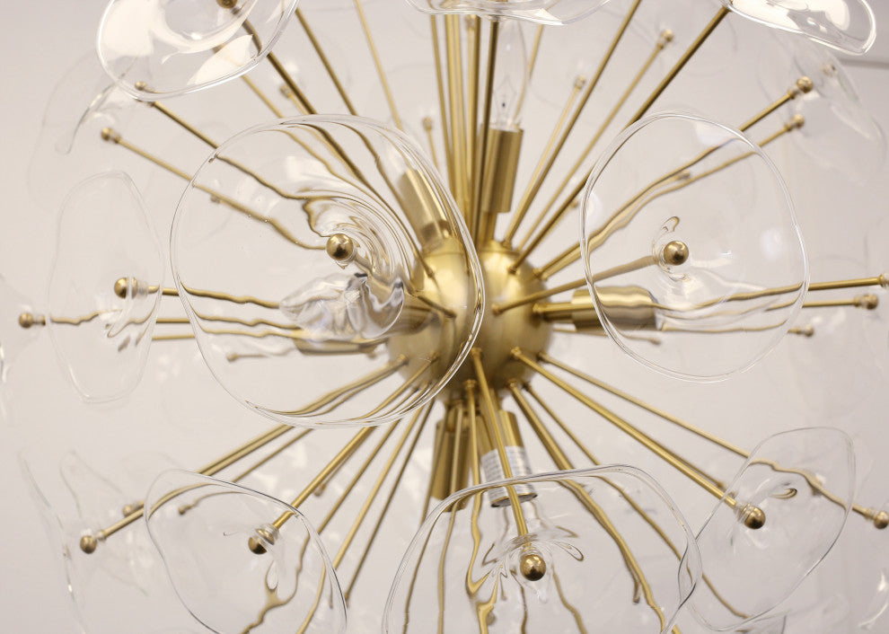Portia Sputnik Satin Brass Orb Chandelier With Clear Glass Tiles, 24" Round