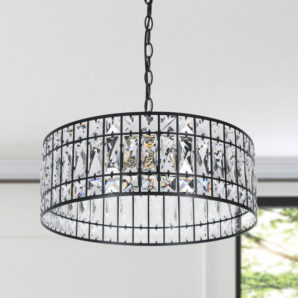 LNC Chispa 3-Light Black Modern Crystal Drum Chandelier