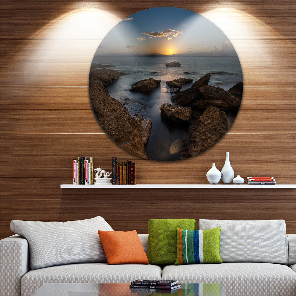 Rocky Sydney Beach At Sunset, Seashore Disc Metal Wall Art, 11"