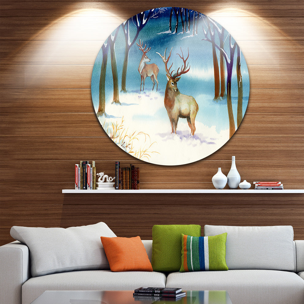 Amazing Winter Forest With Deer, Landscape Round Wall Art, 23"