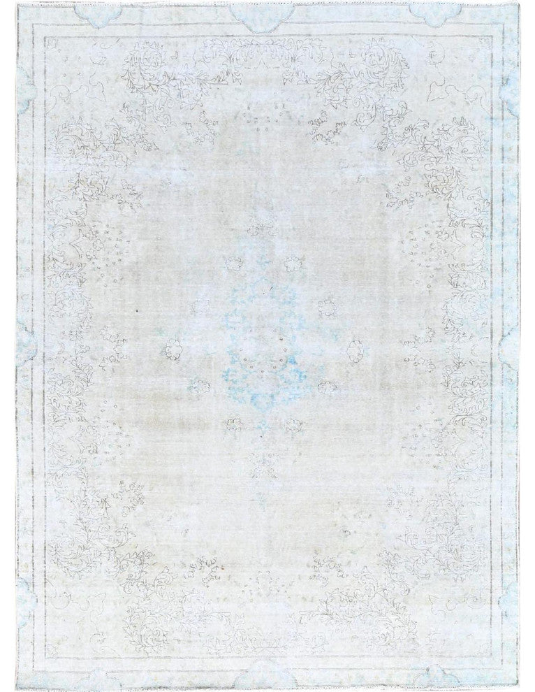 White, Natural Wool, Hand Knotted, Vintage Persian Kerman, Rug, 7'2"x9'10"