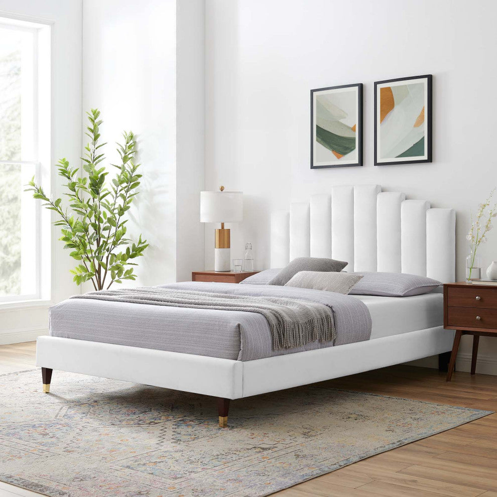 Platform Bed Frame, King Size, Velvet, White, Modern Contemporary, Bedroom