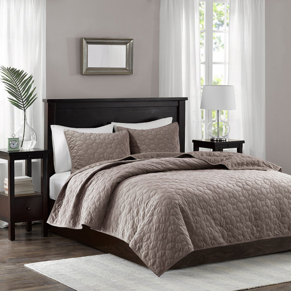 Madison Park Harper 3 Piece Velvet Quilt Set, Taupe