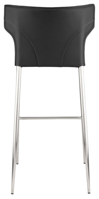Wayne Counter Stool, Leather, Brushed Stainless Steel Legs, Black
